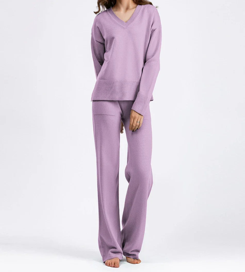 Casual Women's Sweater Pullover Knit Two-Piece Set with Loose Pants for Autumn and Winter