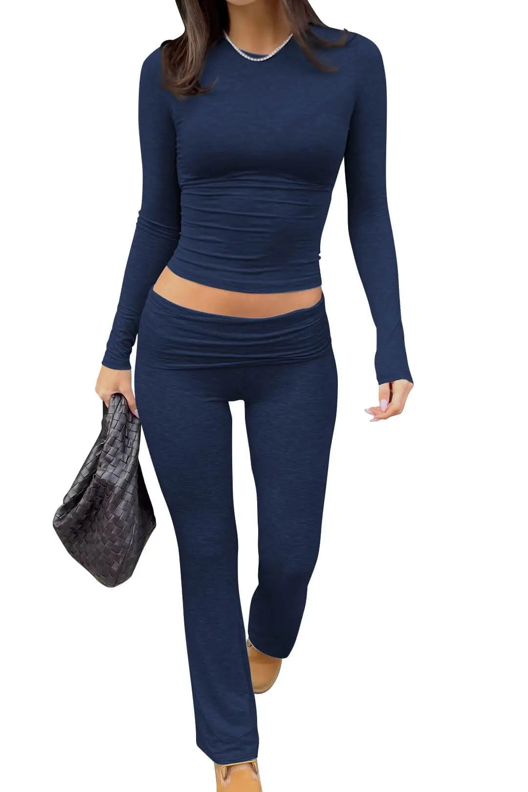 Casual Workout Two Piece Sets for Women Short Sleeve Crop Top and High Waist Flare Pants Tracksuit