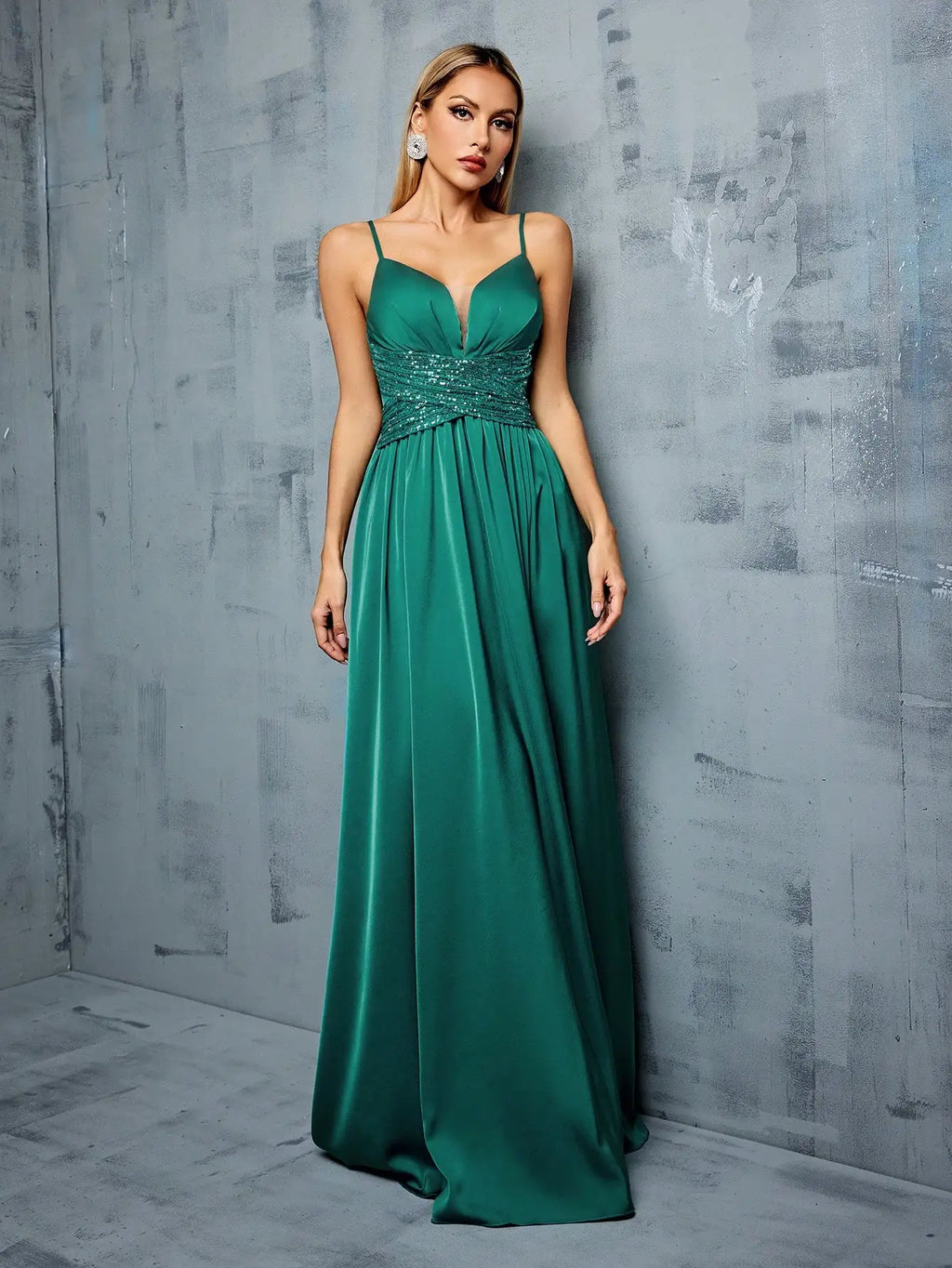 Sequin Deep V Neck Prom Dress With Pleated Bust And Slit