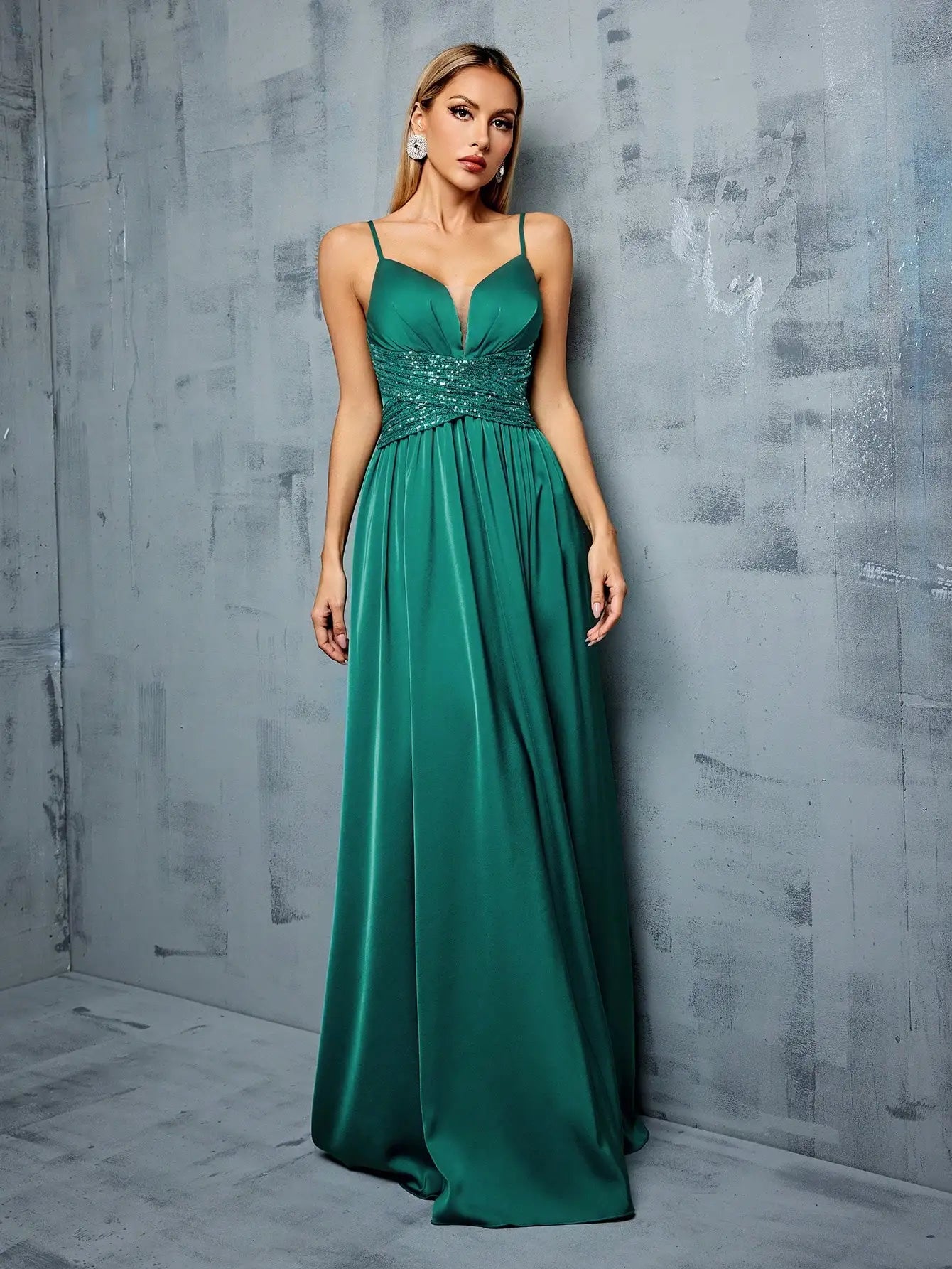 Sequin Deep V Neck Prom Dress With Pleated Bust And Slit