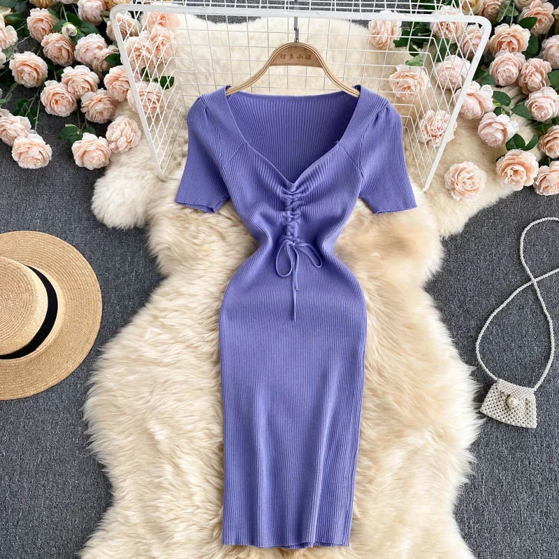 Korean Knit Bodycon Dress V Neck Drawstring Short Sleeves