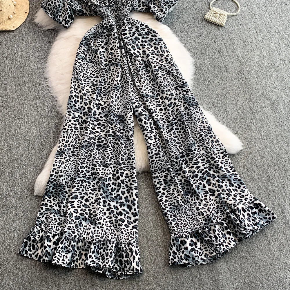 Women's Summer V-Neck Leopard Print Lace-Up Jumpsuit Short Sleeve Loose Fit Playsuit Overalls with Elegant Ruffle Detail