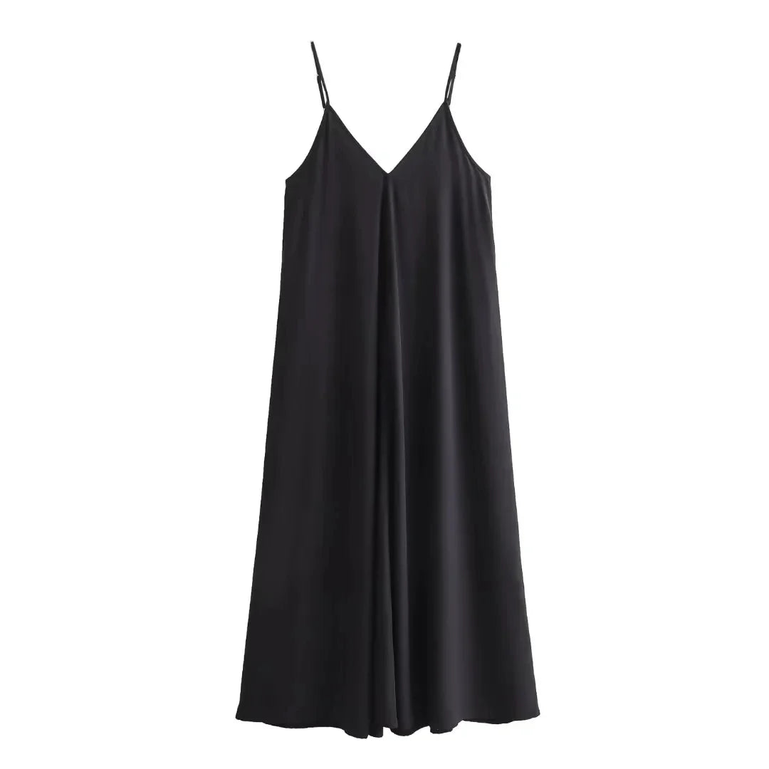 Backless Slip Midi Dress For Summer Beach In Black