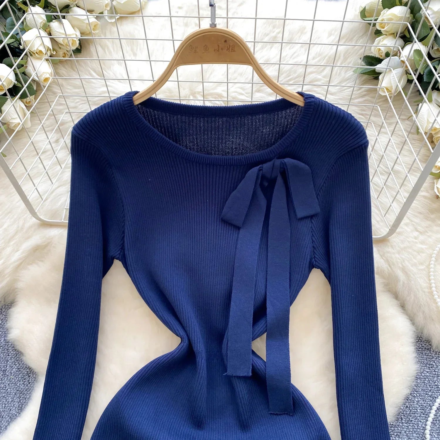 Knitted Short Dress With O Neck Bow Bodycon Chic Style