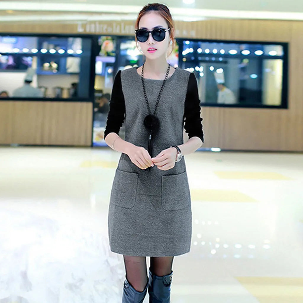 Women Velvet Padded Sweatshirt Dress With Pocket Detail