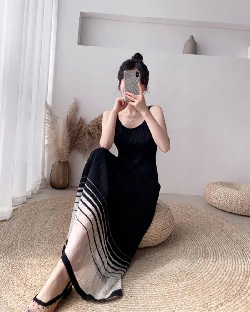 Striped Midi Dress Mesh Korean Patchwork Spaghetti Strap