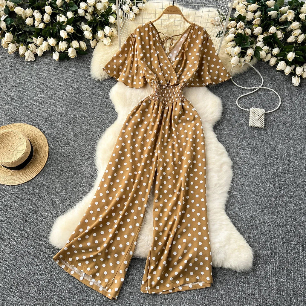Elegant Polka Dot Romper for Women V-Neck Short Sleeve High Waist Wide Leg Jumpsuit Loose Fit Summer Playsuit