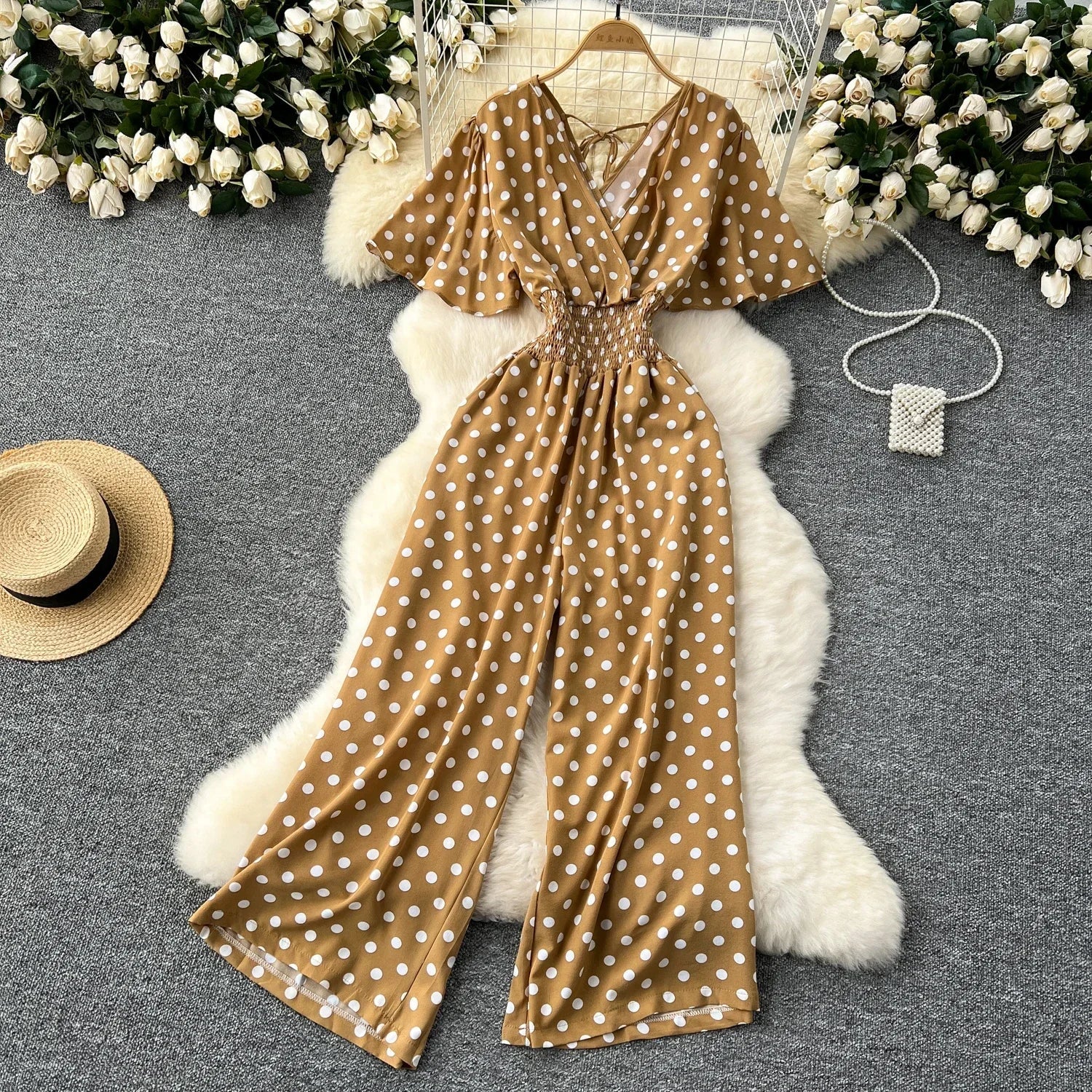 Elegant Polka Dot Romper for Women V-Neck Short Sleeve High Waist Wide Leg Jumpsuit Loose Fit Summer Playsuit