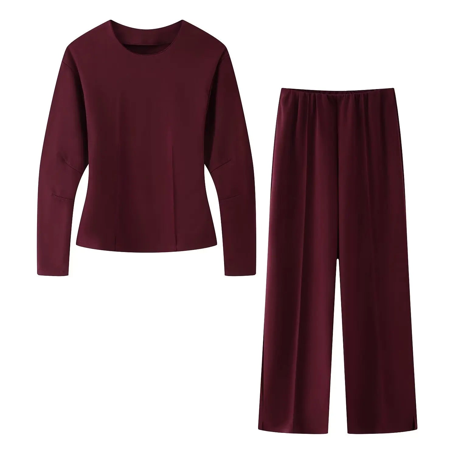 Casual Chic Red Women Elastic Suit with Long Sleeve O Neck Slim Top and High Waist Wide Leg Pants Fashion Set