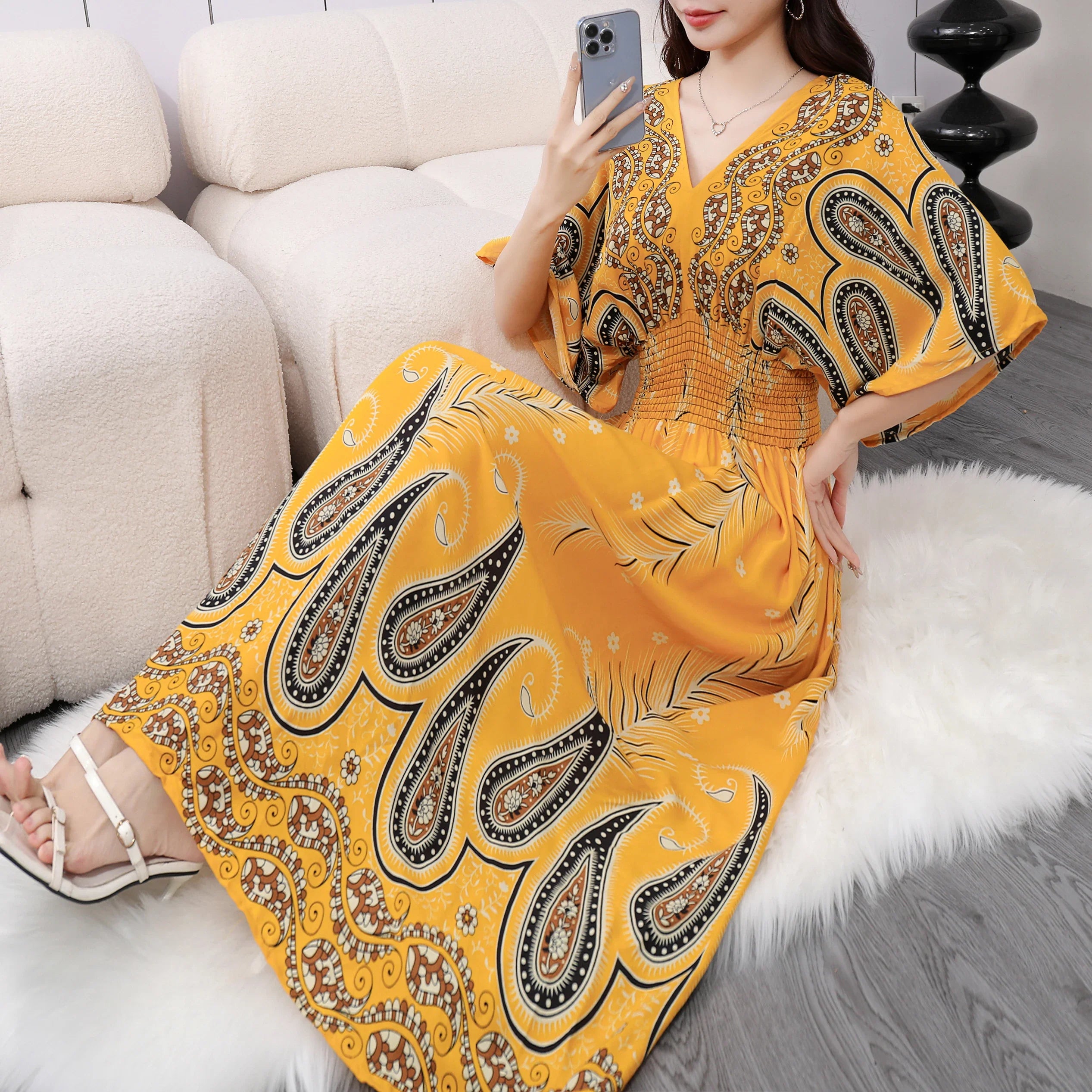 Sweet Countryside Printed Midi Dress V Neck Batwing