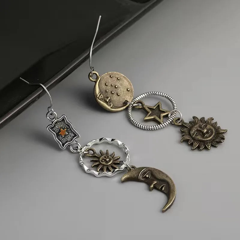 Creative Retro Asymmetrical Star and Moon Pendant Earrings for Women