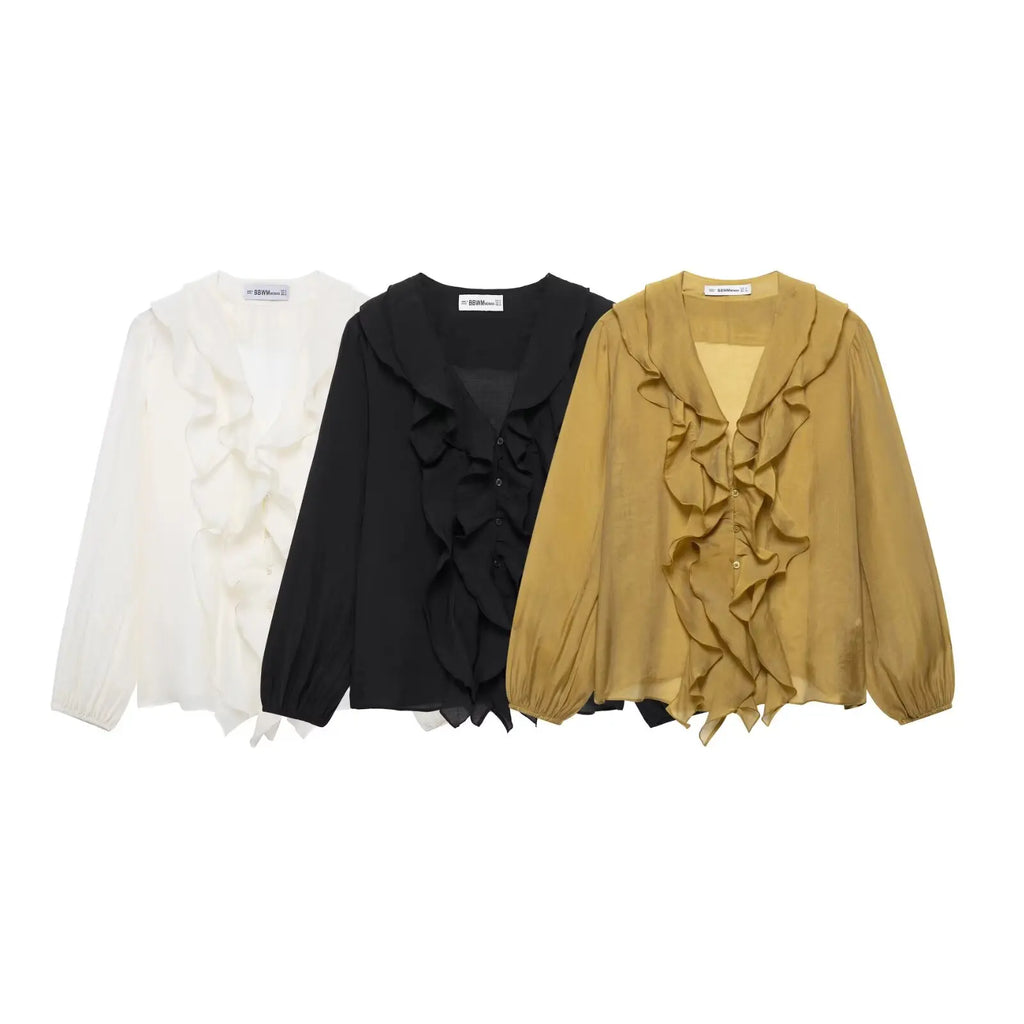 Laminated V Neck Long Sleeve Casual Shirt for Women with Versatile Temperament and Elegant Fit