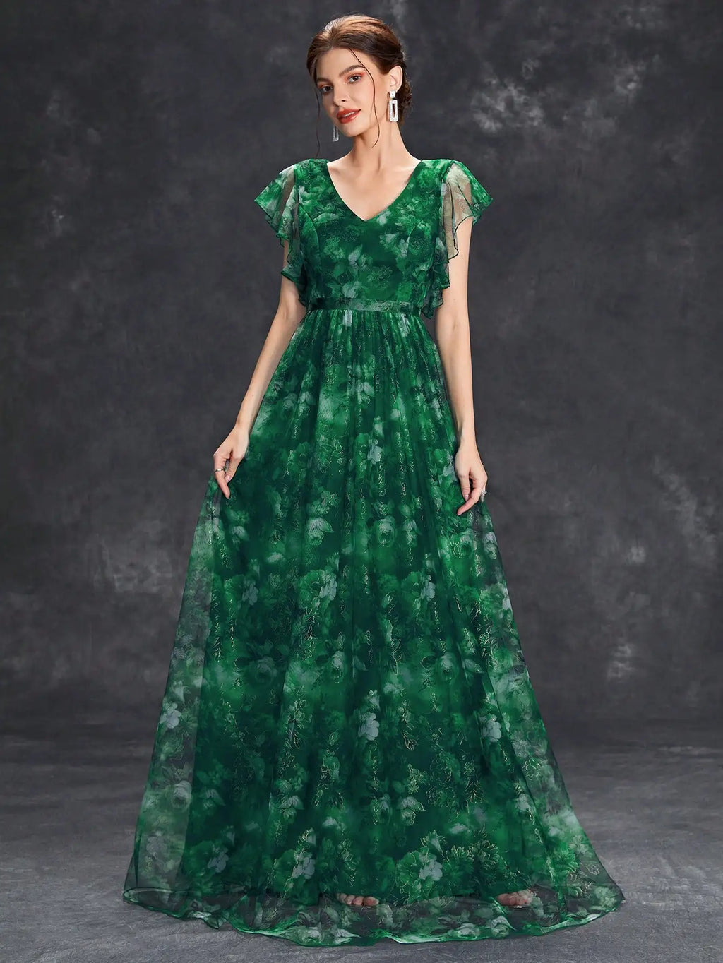 V Neck Lace Patchwork Evening Gown With Ruffled Sleeves