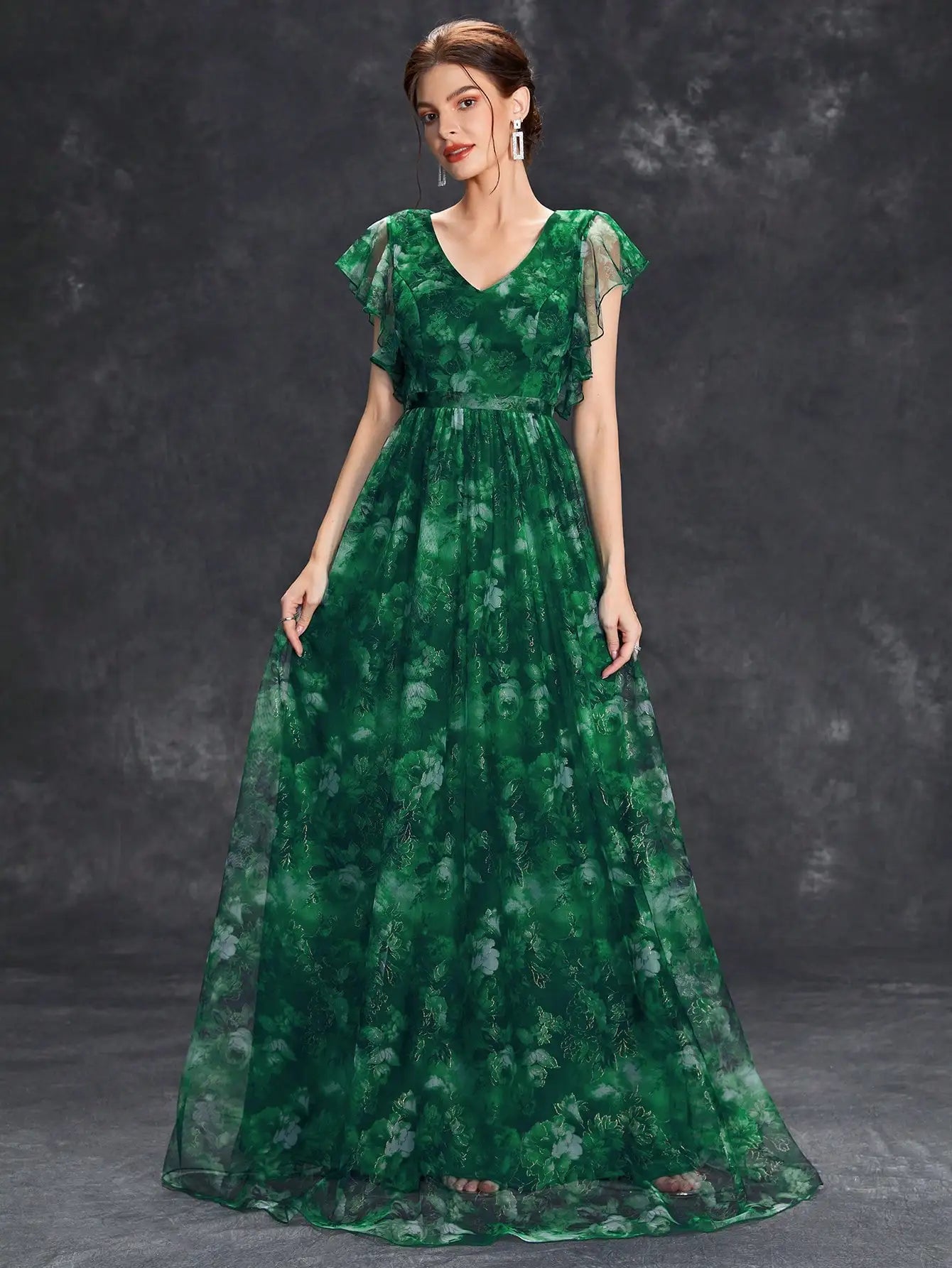 V Neck Lace Patchwork Evening Gown With Ruffled Sleeves