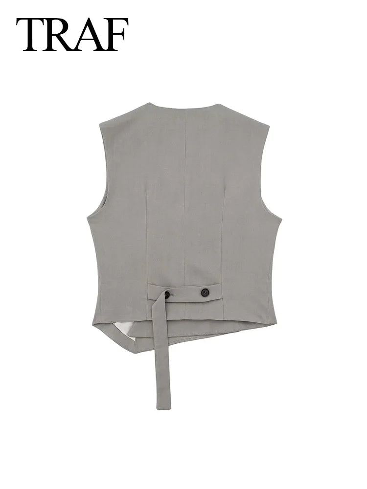 Women's Solid Grey Two Piece Set with Sleeveless Asymmetrical Vest and High Waist Wide Leg Trousers Casual Outfit