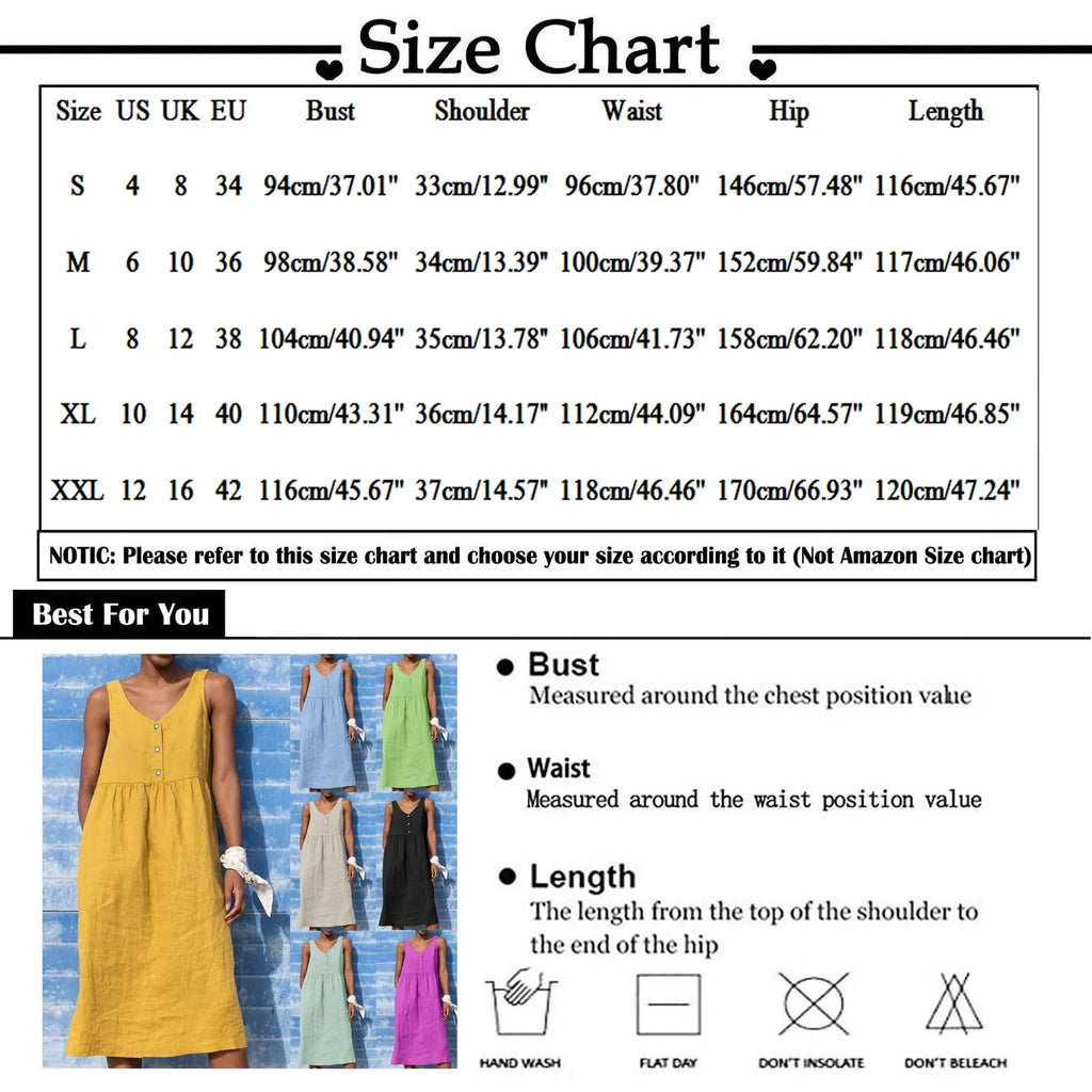 Boho Cotton Linen Sleeveless Dress For Women Summer Holiday