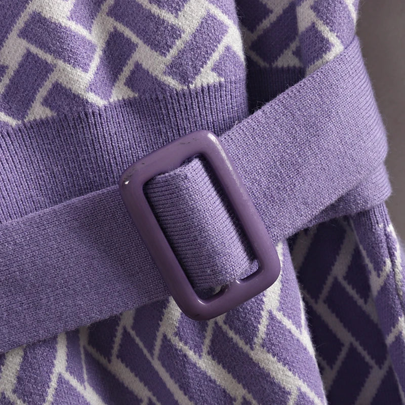 Jacquard Knit Sweater Dress With Belt Elegant Pleated Maxi