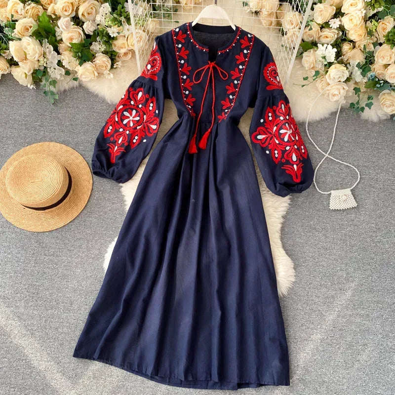 Bohemian Embroidered Floral Dress With Lantern Sleeve