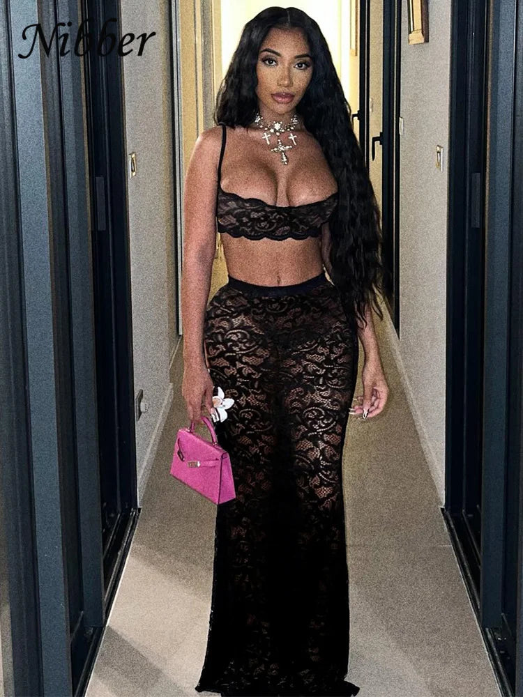 Sexy Mesh Two Piece Set for Women Hipster Mini Camisole and Stretch Skirt Nightclub Party Outfit