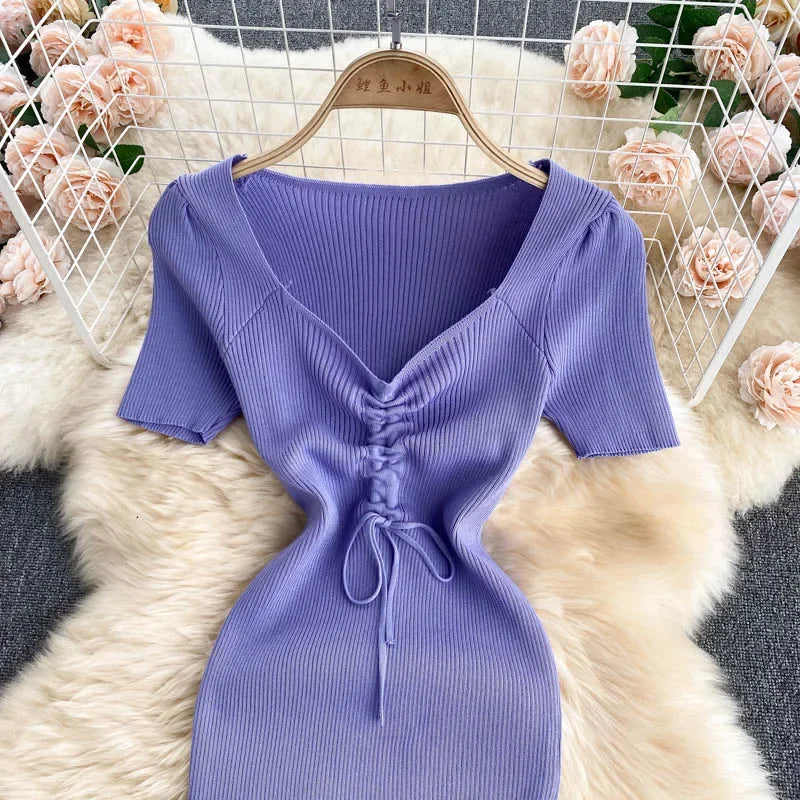 Korean Knit Bodycon Dress V Neck Drawstring Short Sleeves
