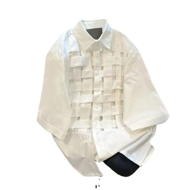 Women Short Sleeve Lapel Shirt Hollow Out Patchwork Blouse Loose Waist Casual Chic Poly Blusa