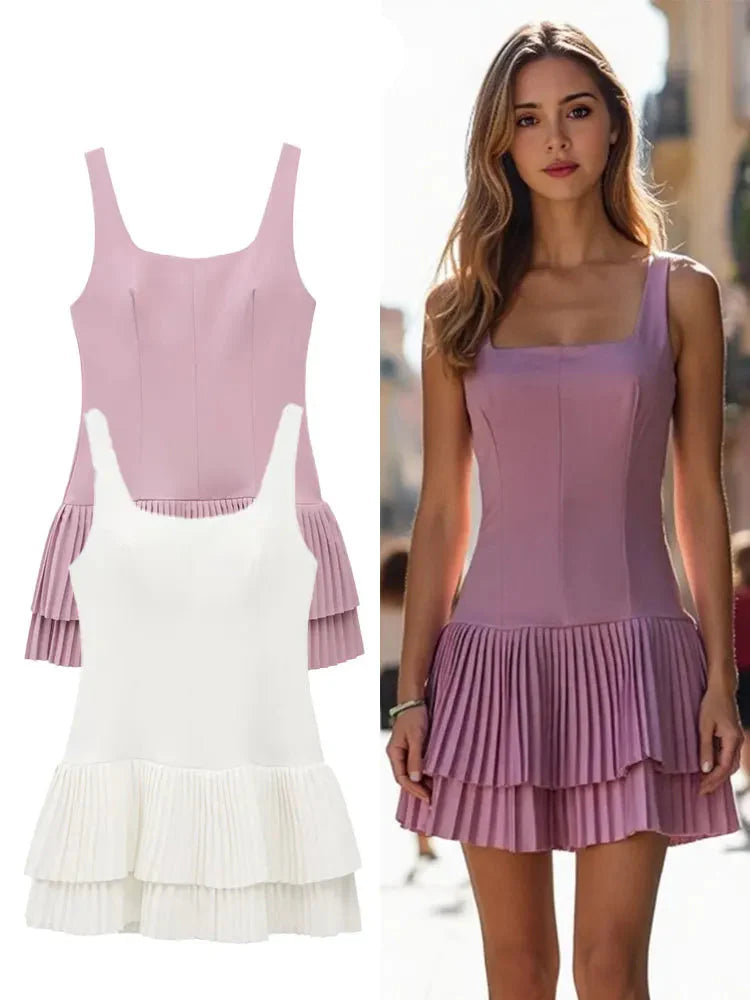 Elegant Womens Sleeveless Solid Mini Dress With Pleated Hem