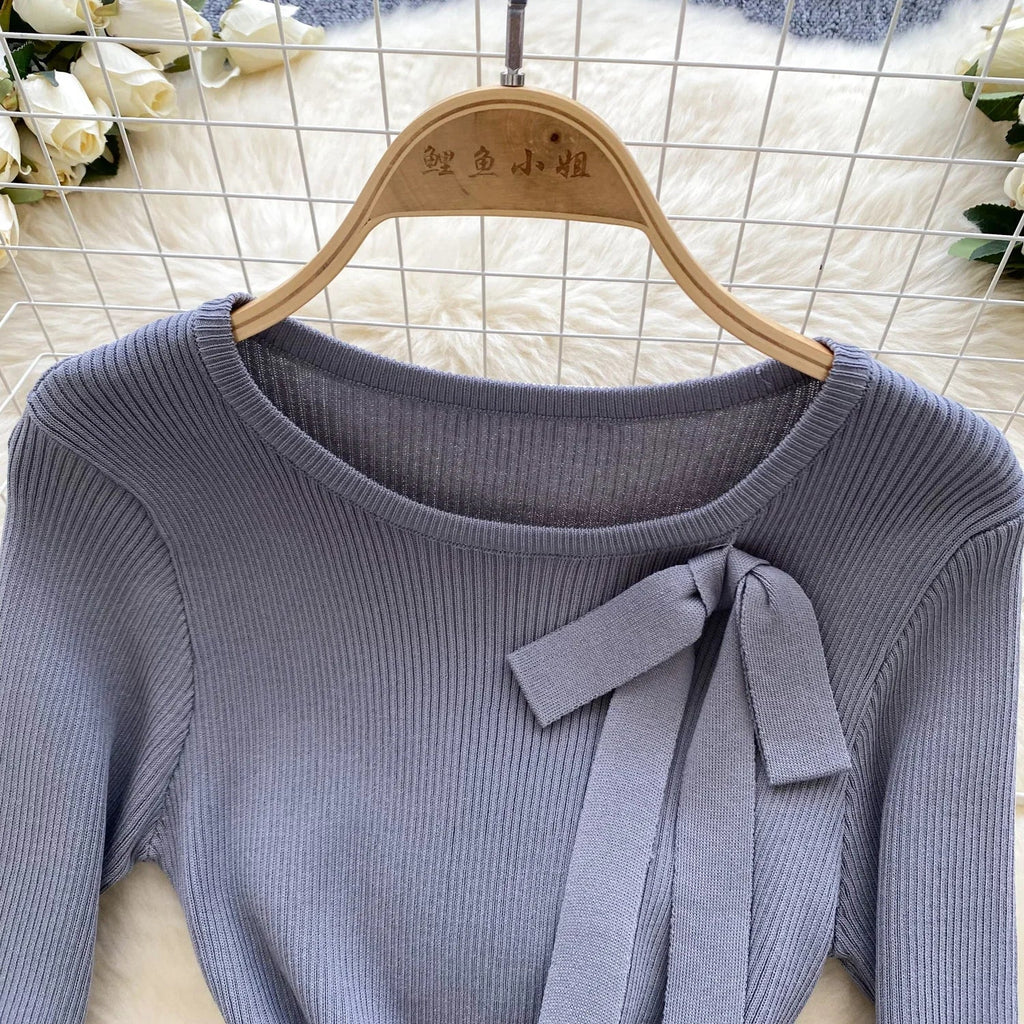 Knitted Short Dress With O Neck Bow Bodycon Chic Style