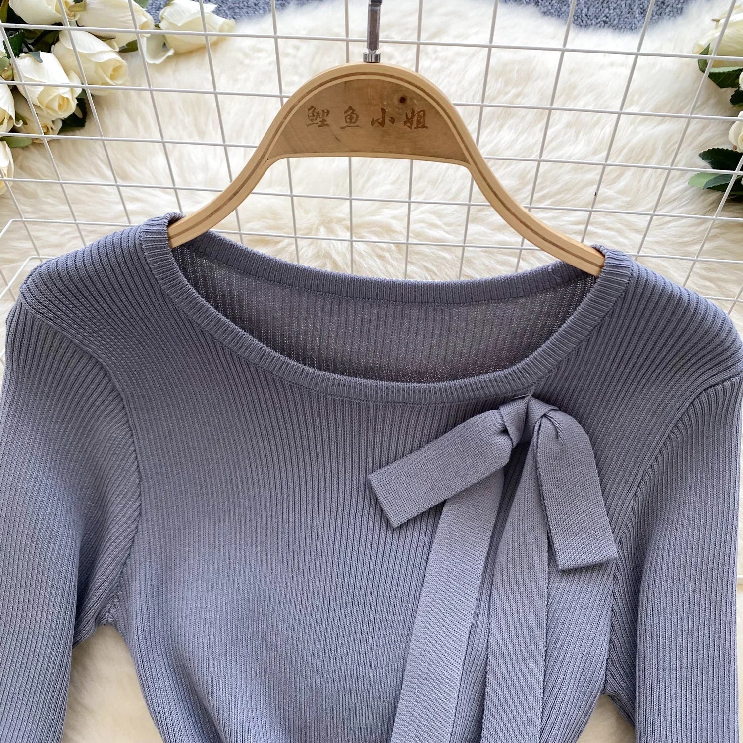 Knitted Short Dress With O Neck Bow Bodycon Chic Style