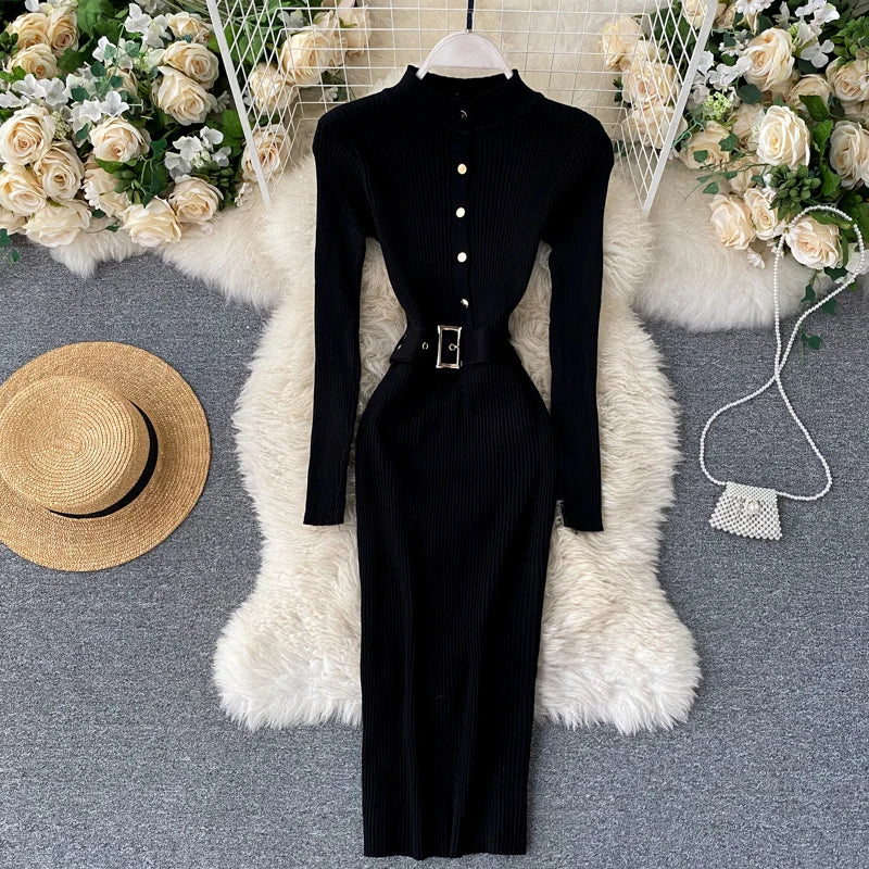 Womens Winter Knitted Dress Stand Collar With Sash Belt
