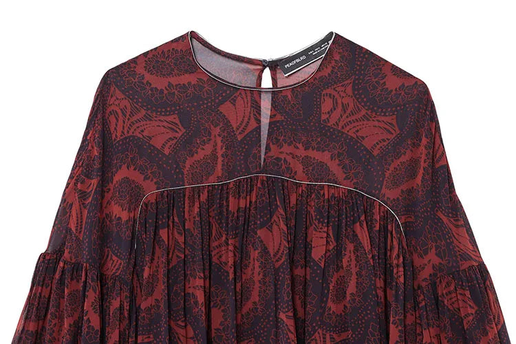 Women's Spring Printed Midi Skirt Two-Piece Set with Casual Folded Silk Texture Shirt and High Waist Skirt