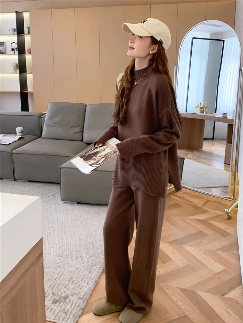 Cozy Split Knit Sweater and Casual Pants Two-Piece Set for Women Soft Solid Color Autumn Winter Outfit