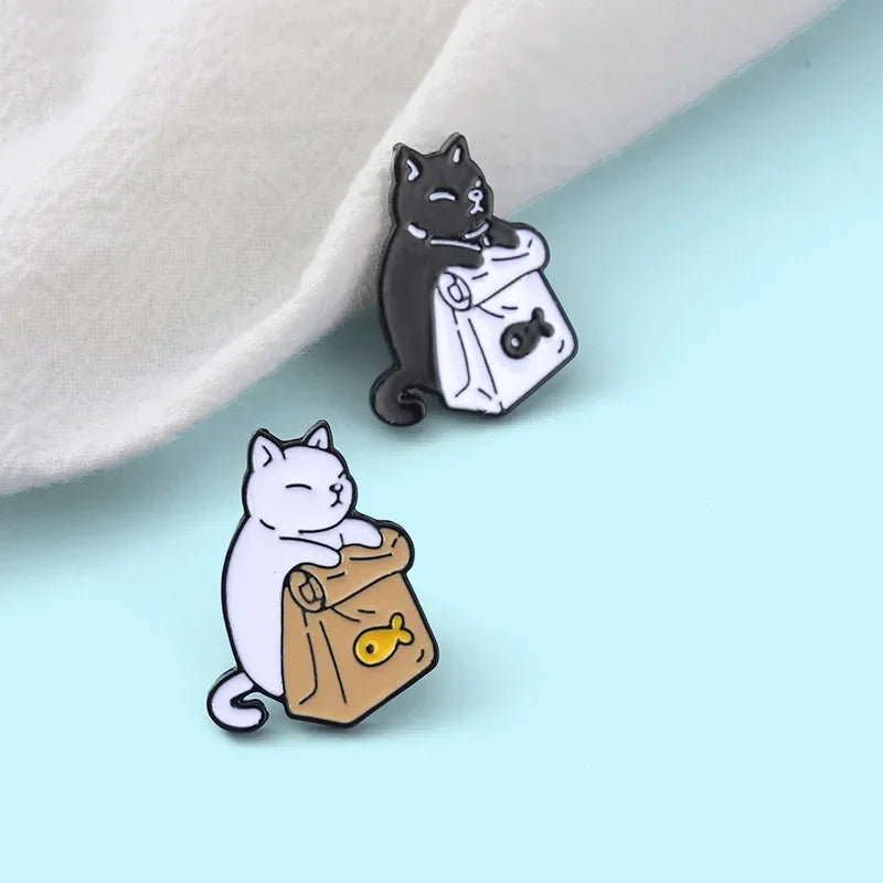 Cute Black White Cat Brooch Set Cartoon Animal Lapel Pins for Clothes and Backpack Accessories