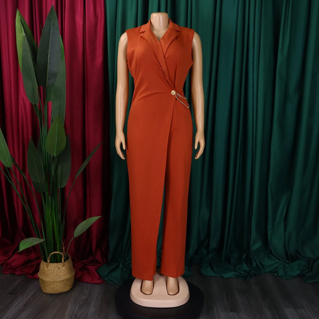 Elegant Sleeveless Jumpsuit with Turn Down Collar High Waisted V Neck Straight Leg Romper for Women Birthday Party Overalls