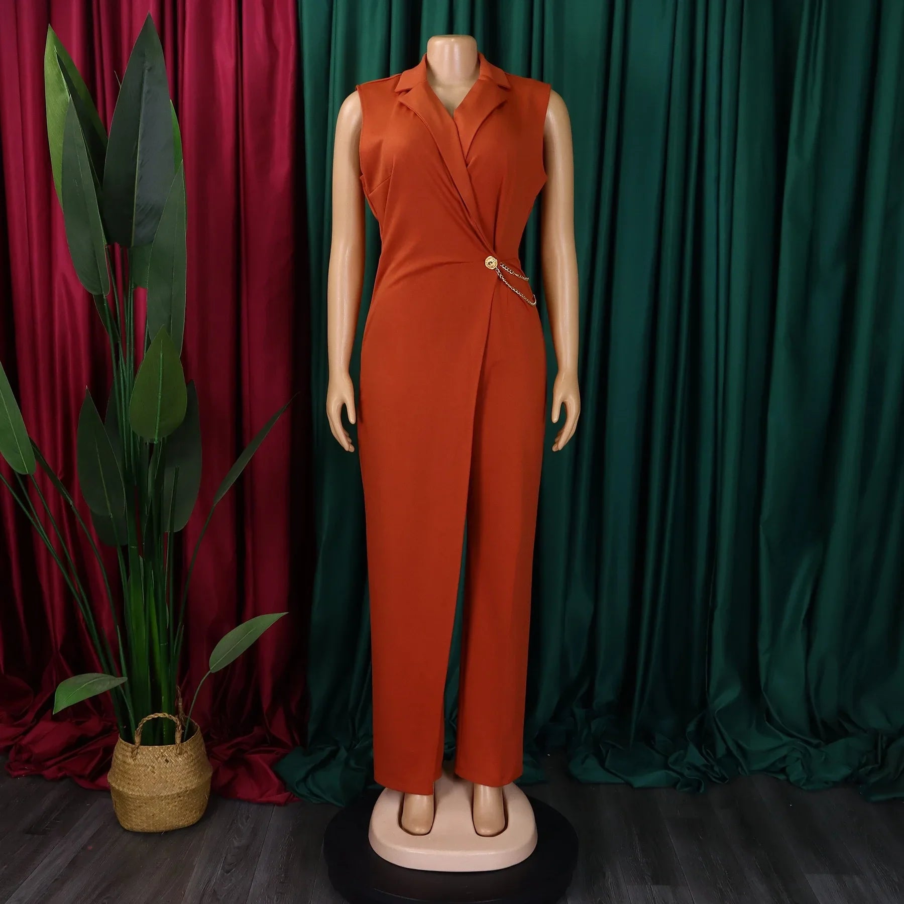 Elegant Sleeveless Jumpsuit with Turn Down Collar High Waisted V Neck Straight Leg Romper for Women Birthday Party Overalls