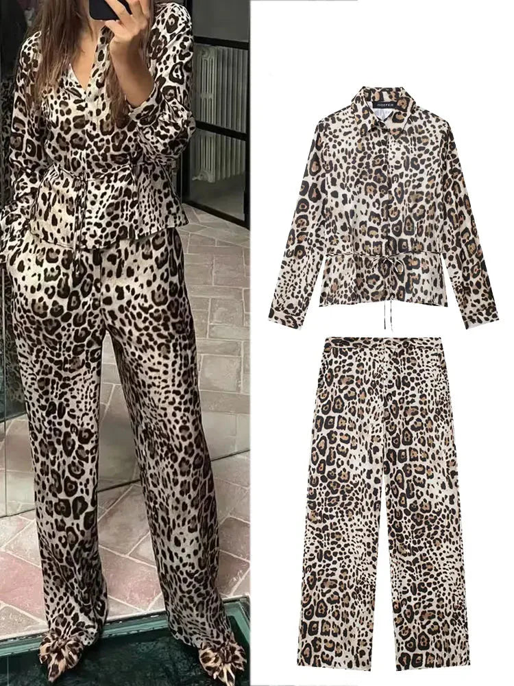 Chic Animal Print Button-Up Shirt and High Waist Zip Pants Set for Women