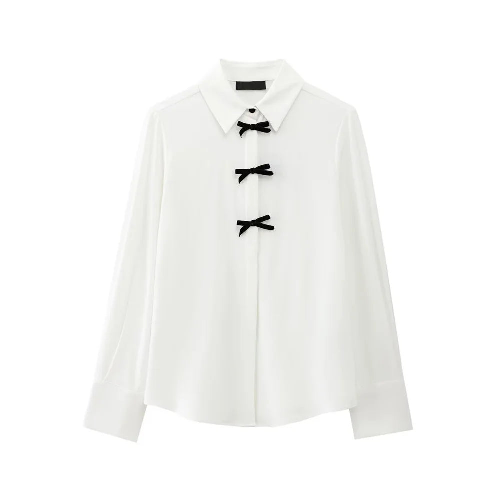 Velvet Bow Accent Single Breasted Flip Collar Long Sleeve Casual Shirt for Women