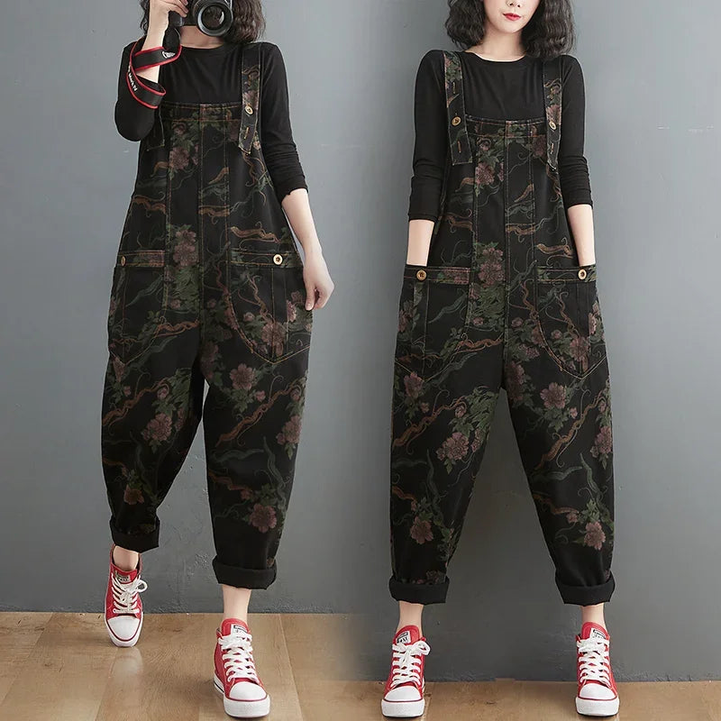 Floral Vintage Black Denim Jumpsuit For Women Oversized
