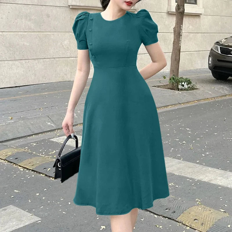 Elegant Short Puff Sleeve A Line Sundress for Office