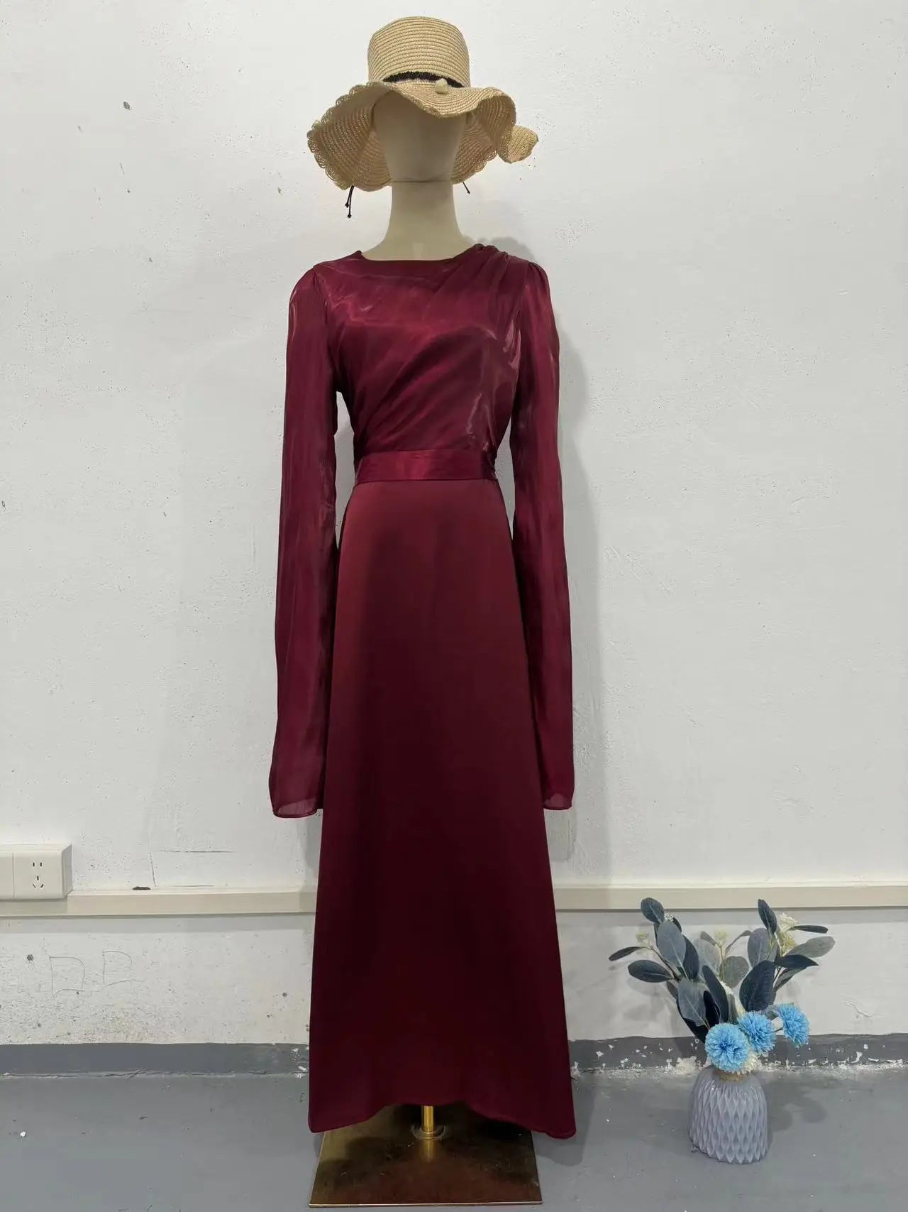 Summer Satin Long Sleeve Evening Gown Dress Slim Fit