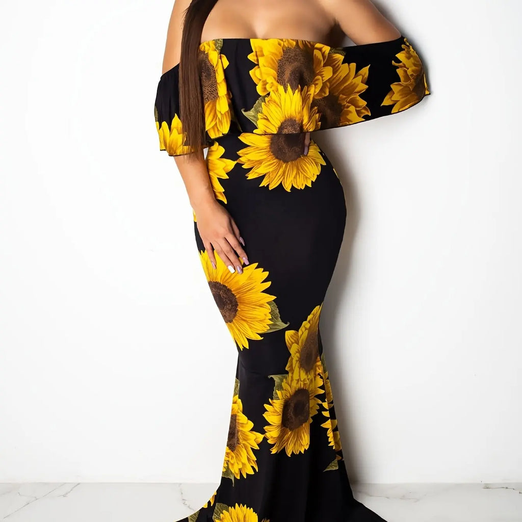 Floral Print Maxi Dress Off Shoulder Bodycon Silhouette