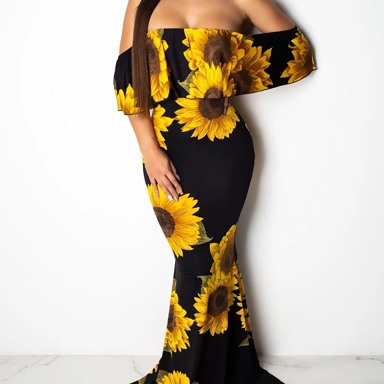 Floral Print Maxi Dress Off Shoulder Bodycon Silhouette
