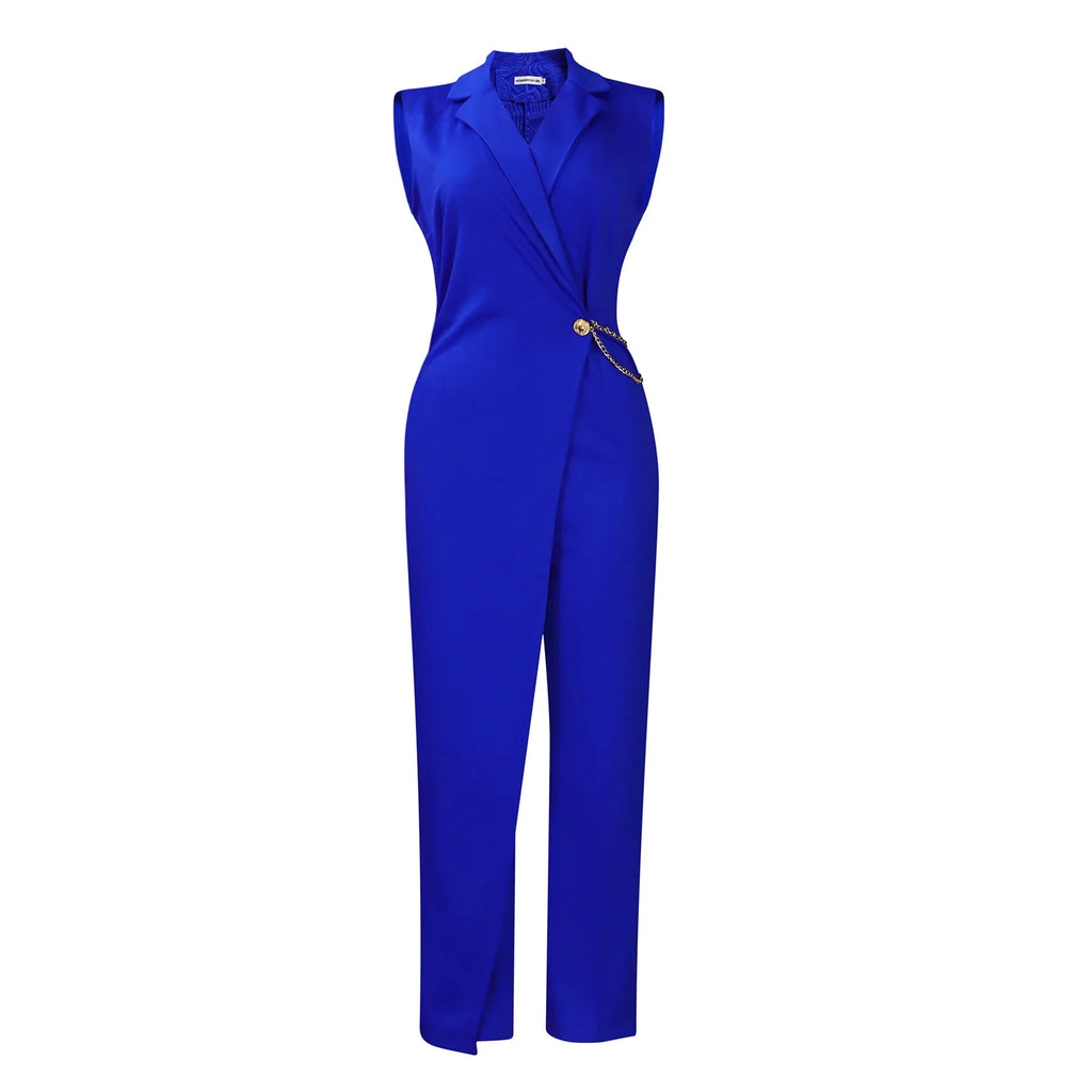 Elegant Sleeveless Jumpsuit with Turn Down Collar High Waisted V Neck Straight Leg Romper for Women Birthday Party Overalls