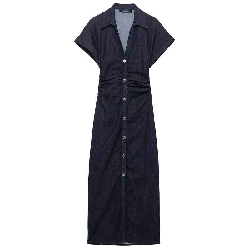 Elegant Blue Midi Dress With Ruffles And Corset Details