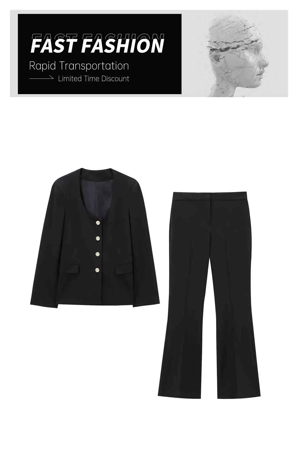 Casual Women's Long Sleeve Round Neck Suit Coat with High Waist Trumpet Pants Set