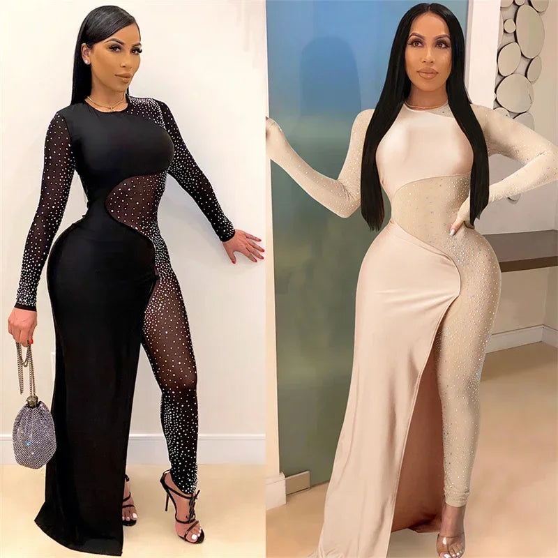 Sexy Rhinestone Long Sleeve Sheer Mesh Patchwork Skinny Jumpsuit Romper for Women Luxury Night Party Club Overalls Birthday Outfit