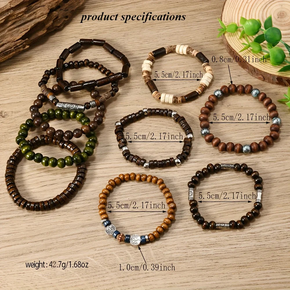 10pcs Bohemian Ethnic Beaded Bracelets for Men Vintage Multi Layer Wooden Bead Life Tree Jewelry Accessory Gift Set