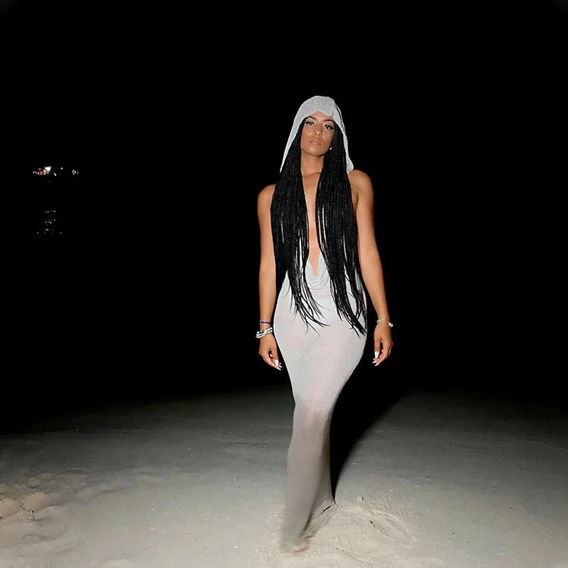 Sleeveless Hooded Dress Slimming Swing Neck Solid Color Long