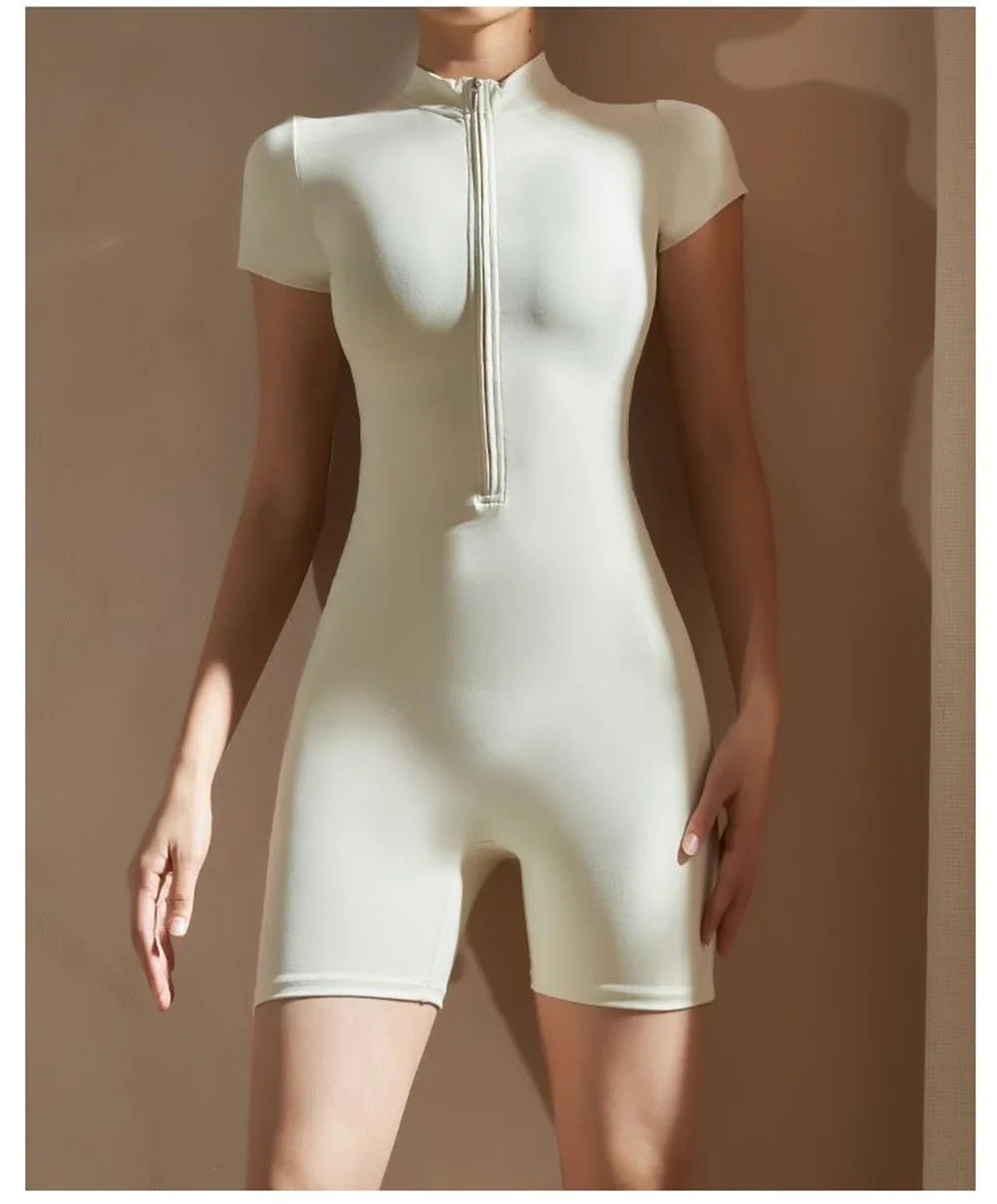 Womens Slim Fit Yoga Jumpsuit Short Sleeve One Piece Stretch Playsuit Romper with Front Zipper for Fitness and Sport