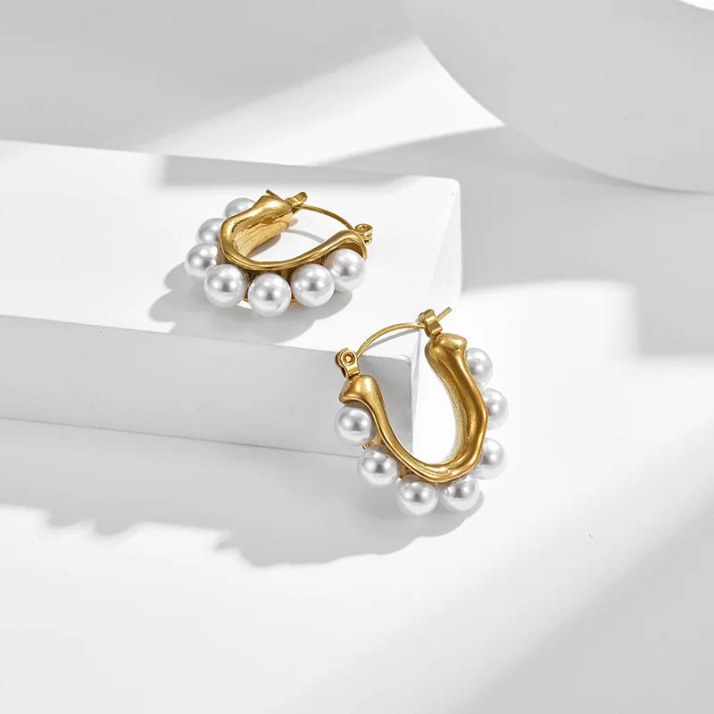 Elegant Gold U-shaped Hoop Earrings with Imitation Pearls for Weddings and Parties