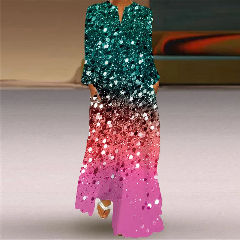 Printed V Neck Long Sleeve Dress With Large Pockets